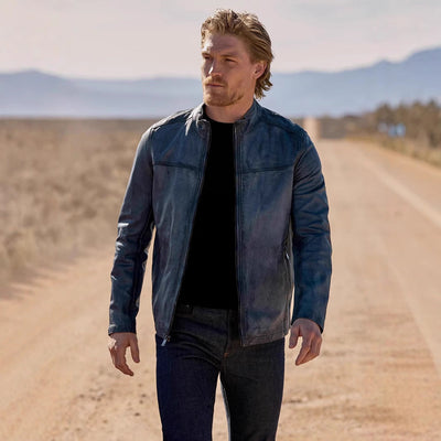 Herren hochwertige Lederjacke im modernen Biker-Stil mit praktischem Stehkragen Aliams