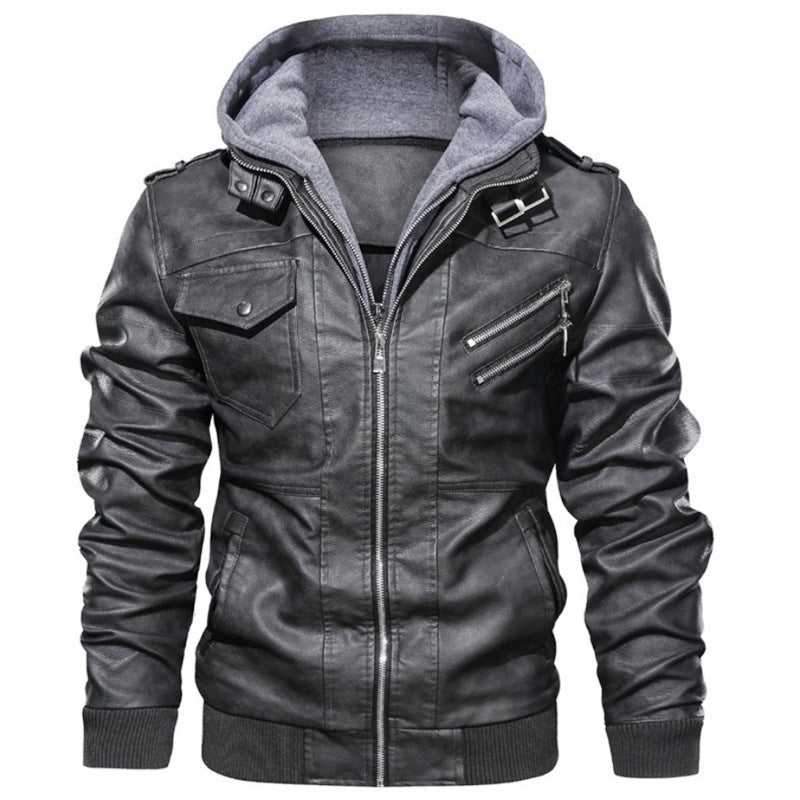 Herren Lederjacke mit Kapuze und Taschen