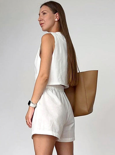 Damen Leinen Zweiteiler – Bluse mit Knöpfen & Shorts im Relaxed Fit