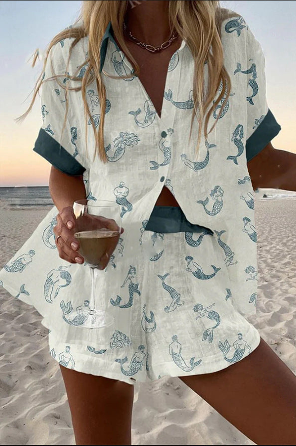 Jalira  | Kurzes komplettes Set aus Leinen mit Meerjungfrauen-Print
