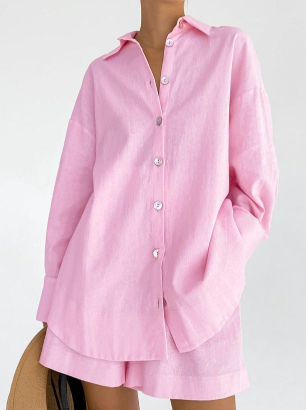 Damen Baumwollset mit Oversized-Bluse und lockerer Hose