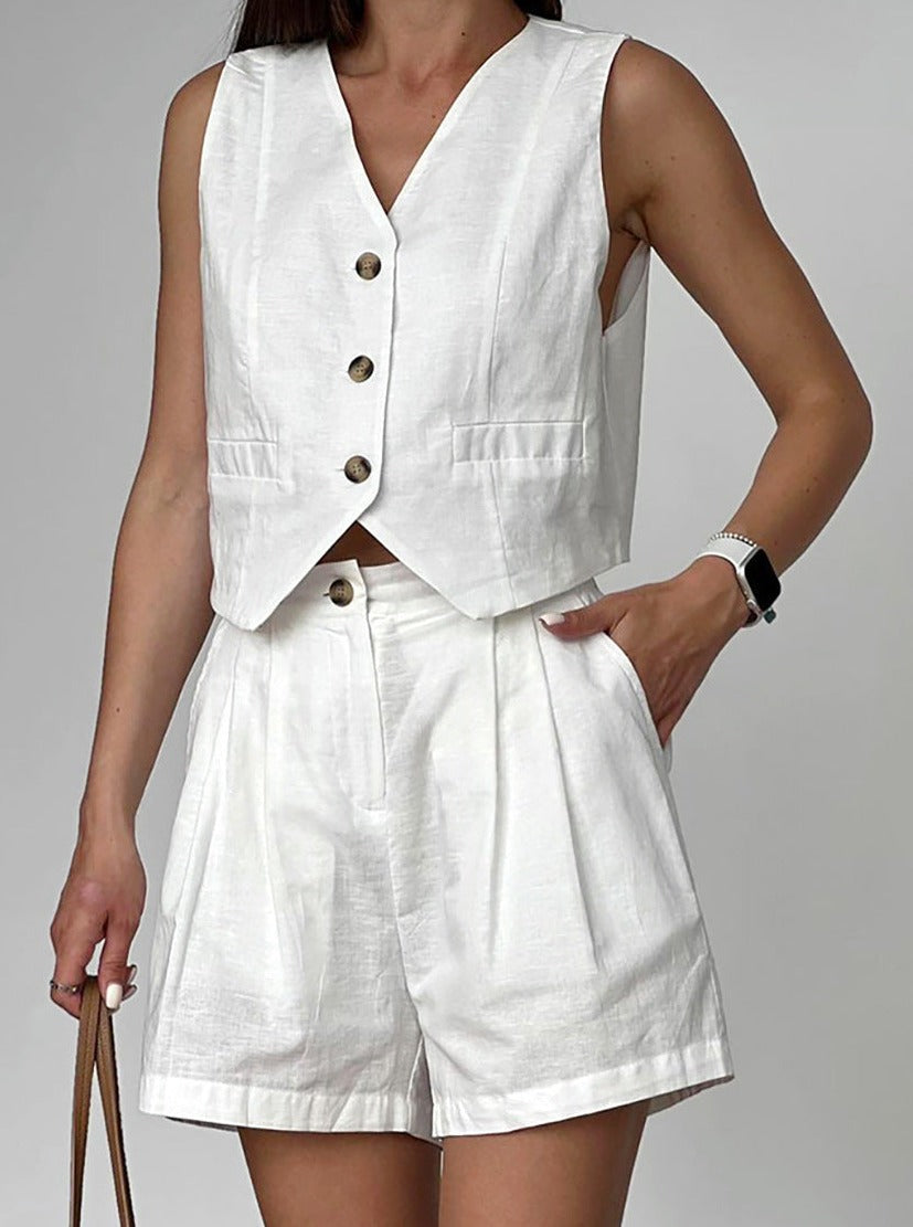 Damen Leinen Zweiteiler – Bluse mit Knöpfen & Shorts im Relaxed Fit