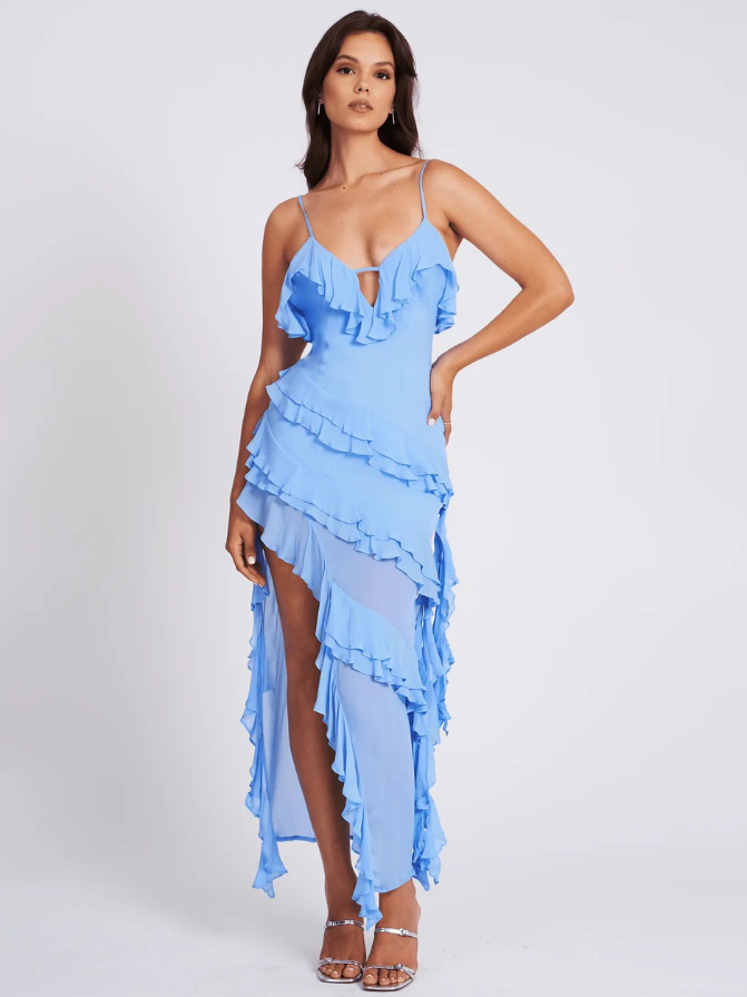Volant Maxikleid mit Spaghettiträgern und hohem Schlitz für Damen
