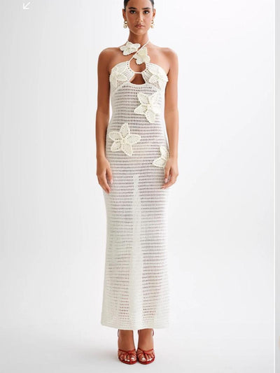 Häkel-Maxikleid mit Blumenapplikationen und Neckholder für Damen