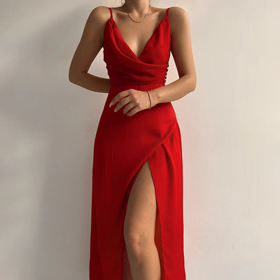 Baumwoll-Satin-Midikleid mit hohem Schlitz für Damen – elegant und stilvoll