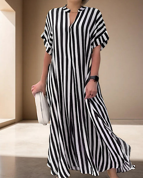 Jessami | gestreiftes maxikleid mit kurzen armeln und v-ausschnitt