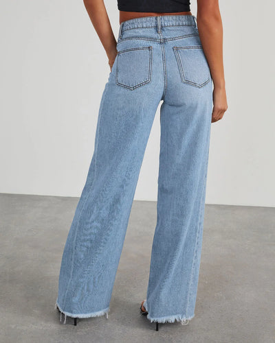 Damen-Weitbein-Jeans in Grau mit Raw-Hem