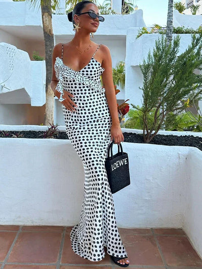 Langes Maxikleid mit Spaghettiträgern und Punktemuster für Damen