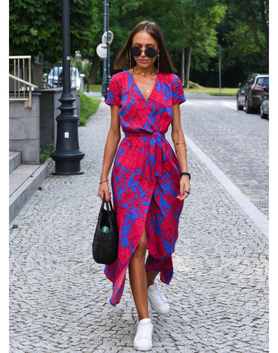 Freya | Auffälliges Midi-Kleid mit Blumenmuster und Taillengürtel