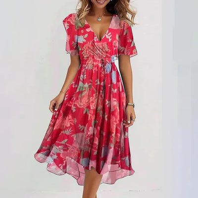 Frenna - Lebendiges Midikleid mit abstraktem Druck und V-Ausschnitt