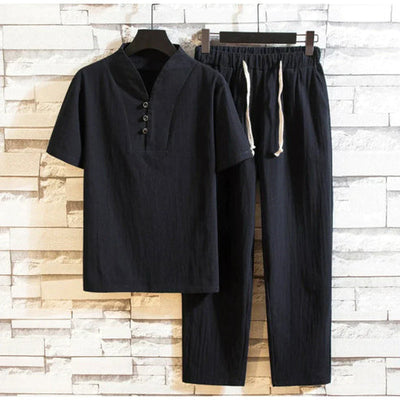 Jordano – herren-kurzarm-t-shirt und knöchellange hose aus baumwolle und leinen