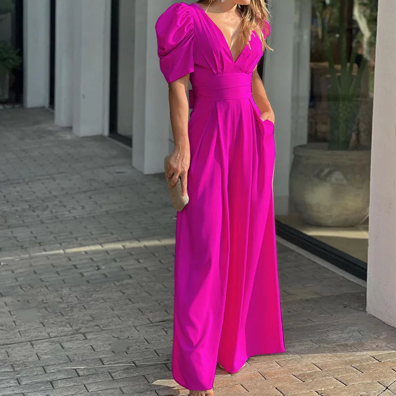 Damen Jumpsuit Polyester Elegant Puffärmel Taillengürtel Sommer Outfit