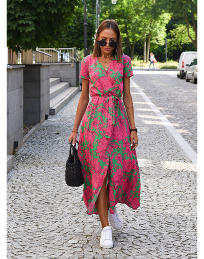 Freya | Auffälliges Midi-Kleid mit Blumenmuster und Taillengürtel