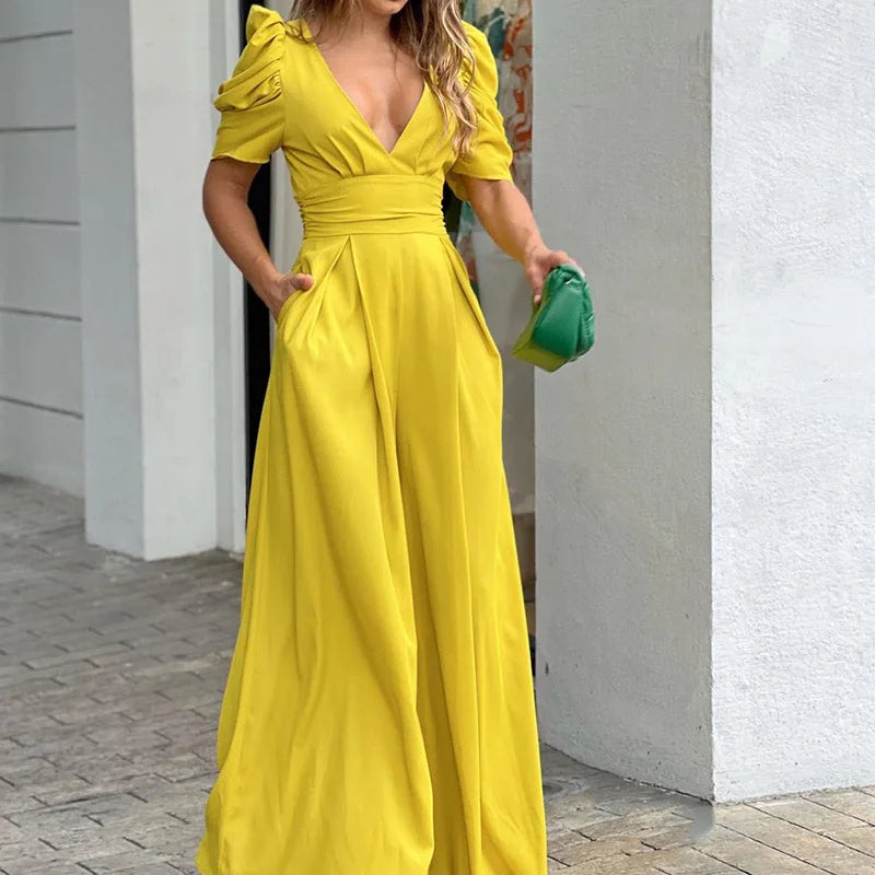 Damen Jumpsuit Polyester Elegant Puffärmel Taillengürtel Sommer Outfit