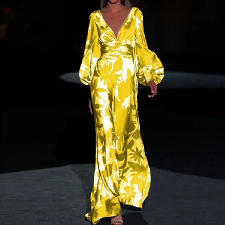 Loida – Satin-Maxikleid mit Blumenmuster und V-Ausschnitt