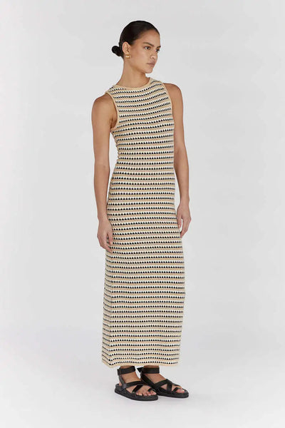 Leniva – Ärmelloses Strick-Maxikleid mit geometrischen Streifen