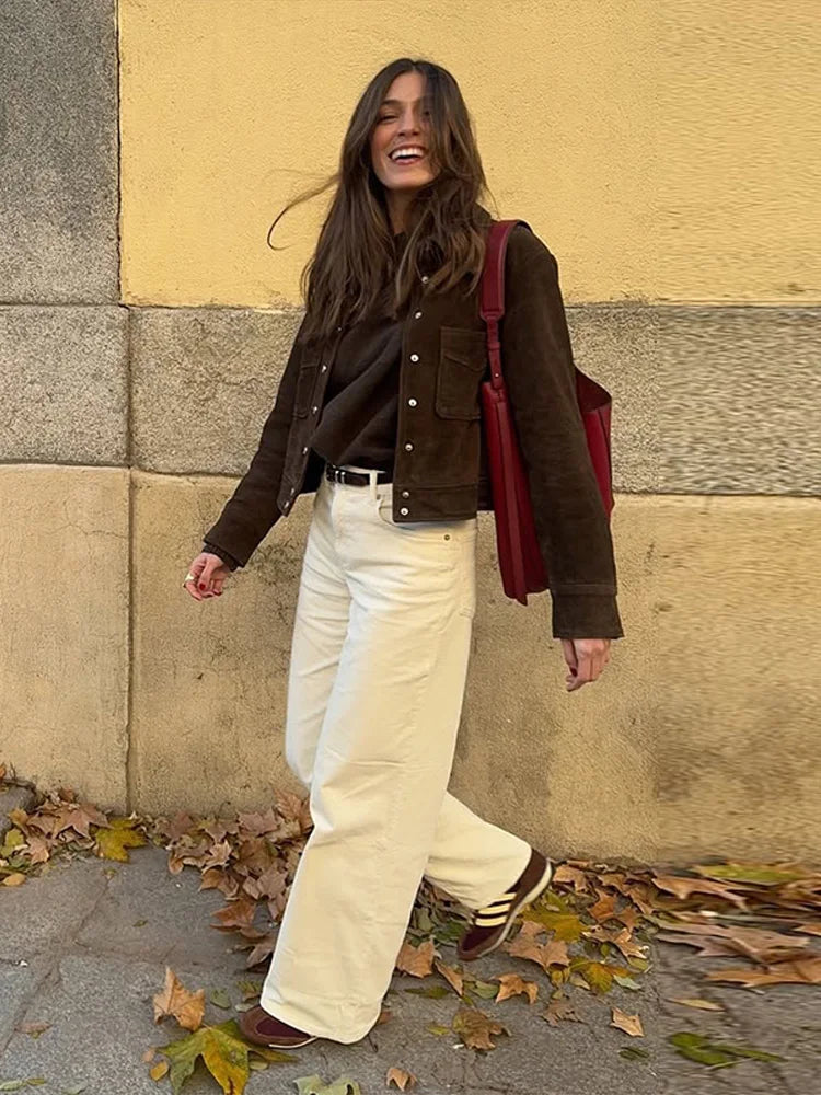 Karis | Damen Übergangsjacke Kurz Braun Mit Knöpfen & Taschen