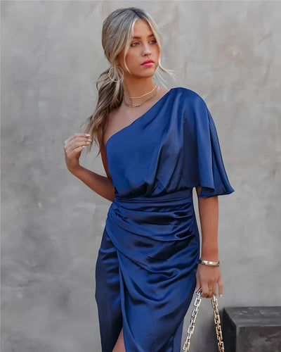 Damen Satinkleid One-Shoulder mit Schlitz