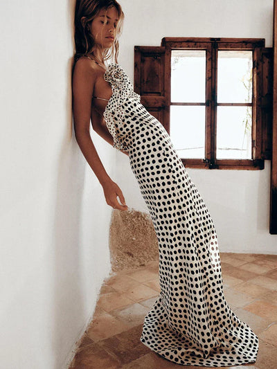 Langes Maxikleid mit Spaghettiträgern und Punktemuster für Damen