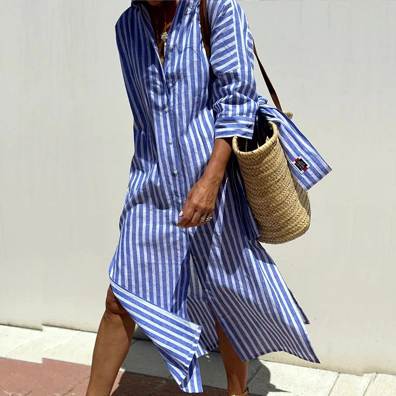 STYLISCHES GESTREIFTES HEMDBLUSENKLEID