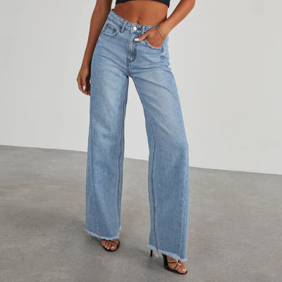 Damen-Weitbein-Jeans in Grau mit Raw-Hem