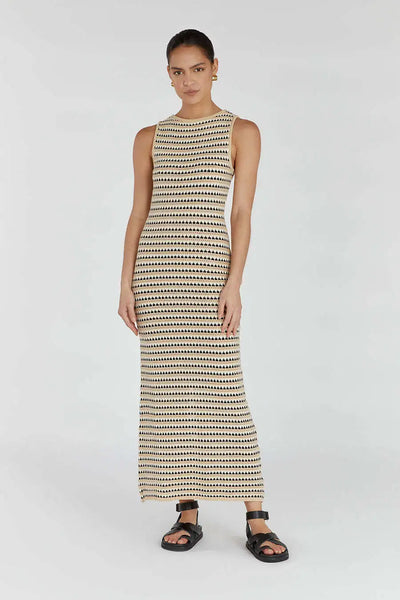 Leniva – Ärmelloses Strick-Maxikleid mit geometrischen Streifen
