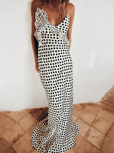 Langes Maxikleid mit Spaghettiträgern und Punktemuster für Damen