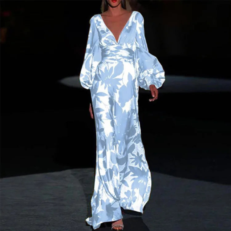 Loida – Satin-Maxikleid mit Blumenmuster und V-Ausschnitt