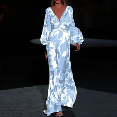 Loida – Satin-Maxikleid mit Blumenmuster und V-Ausschnitt