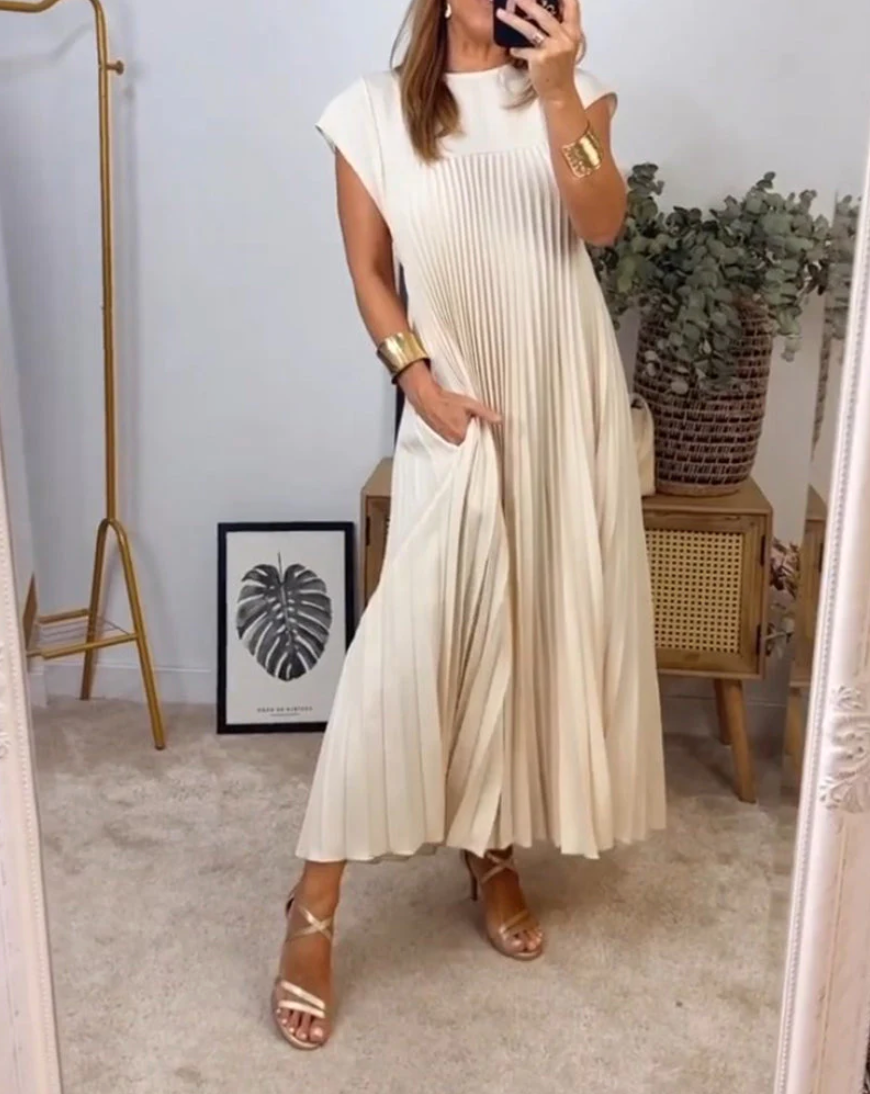 Elegantes Plisseekleid in Beige – Ärmelloses A-Linien Midikleid mit Struktur & Taschen