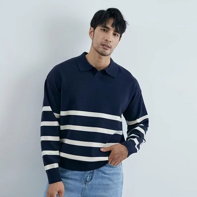 Henrik | Stilvoller gestreifter Strickpullover mit Kragen Herrenpullover