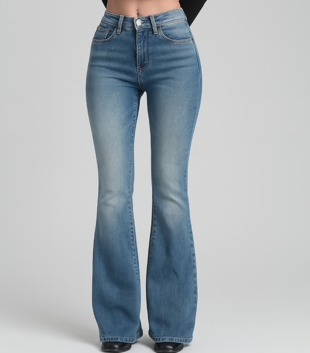 Sarah – Damen-Schlagjeans mit hohem Bund im Vintage-Stil aus Stretch-Denim