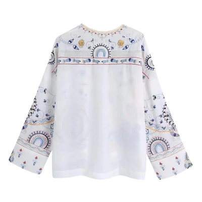 Bianca – shirt mit langen armeln, v-ausschnitt und stickerei