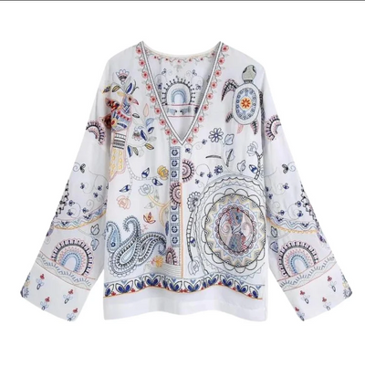 Bianca – shirt mit langen armeln, v-ausschnitt und stickerei