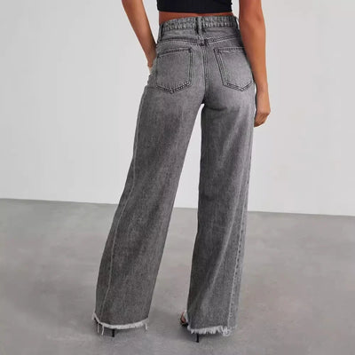Damen-Weitbein-Jeans in Grau mit Raw-Hem