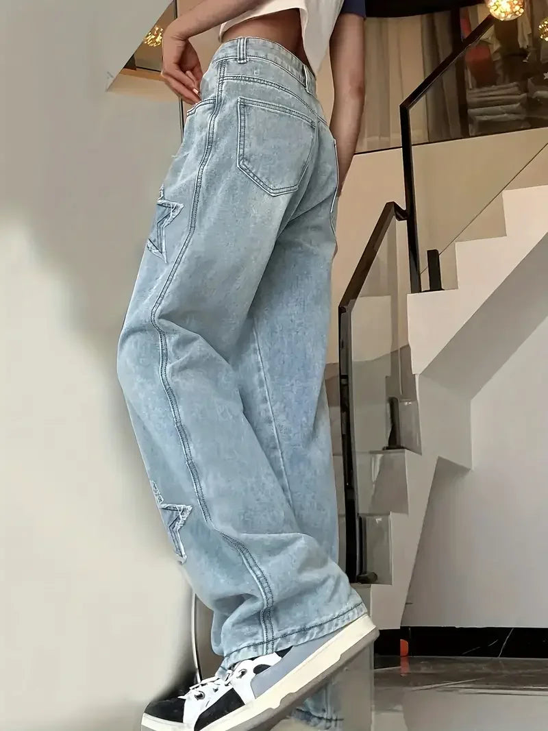 Baggy-Jeans mit Sternen-Design für Damen | Hohe Taille