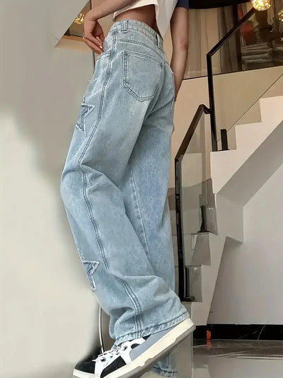 Baggy-Jeans mit Sternen-Design für Damen | Hohe Taille