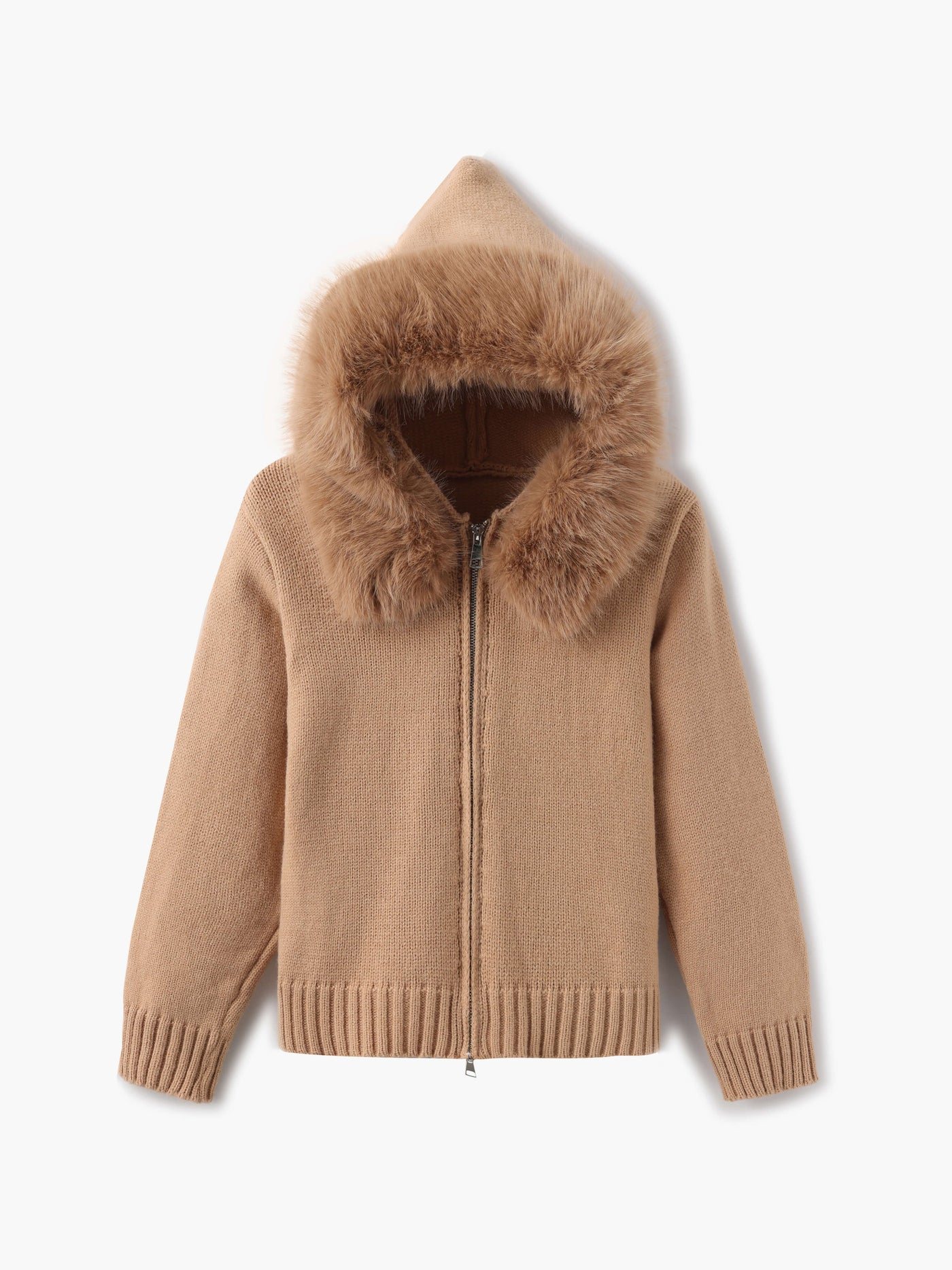 Damen Strickjacke Grau mit Kapuze und Kunstpelz – Warme Winterjacke