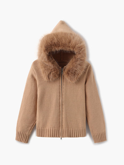 Damen Strickjacke Grau mit Kapuze und Kunstpelz – Warme Winterjacke