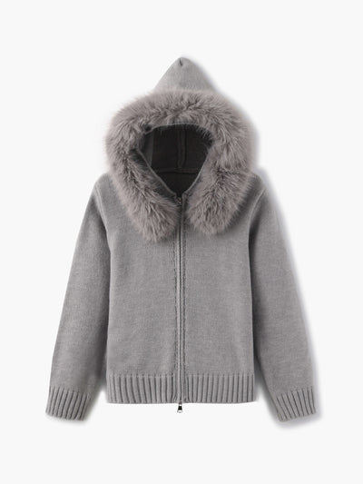 Damen Strickjacke Grau mit Kapuze und Kunstpelz – Warme Winterjacke