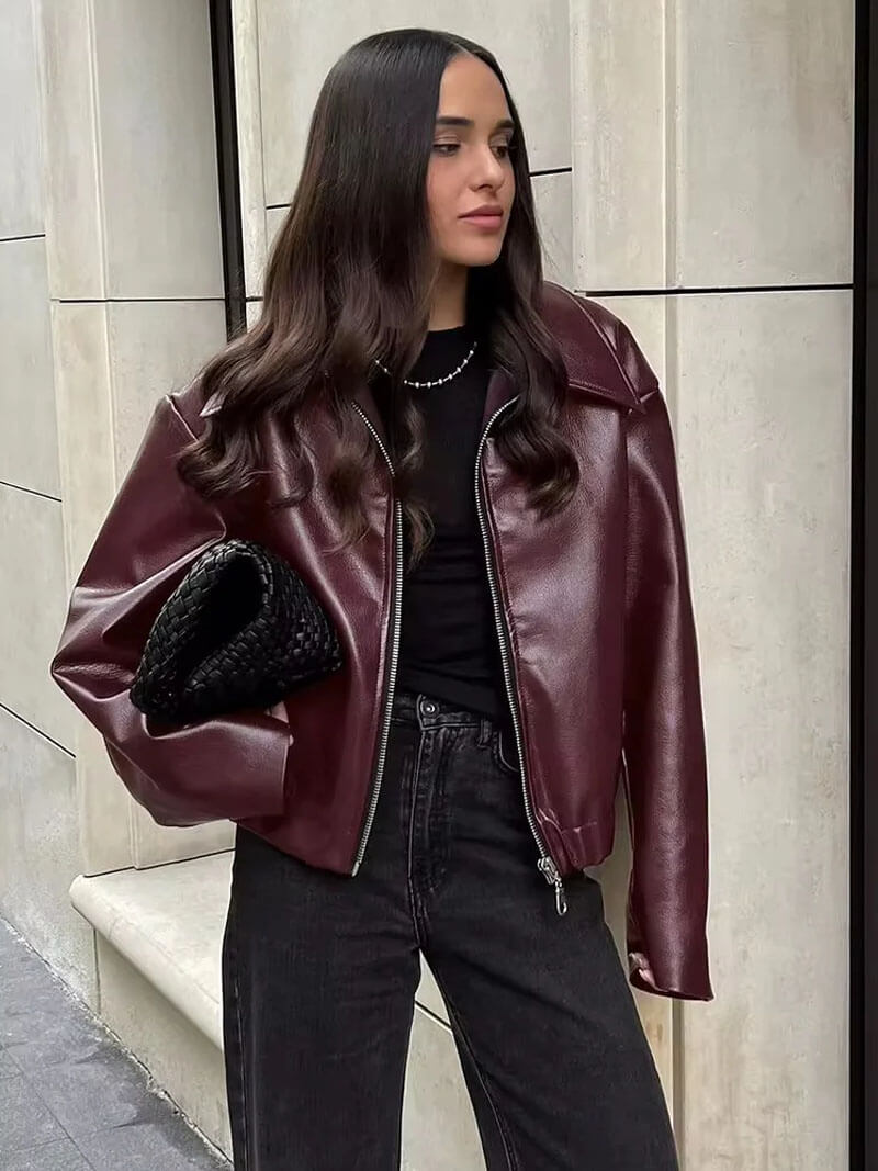 Damen Kunstlederjacke im Oversize-Look – Modische Übergangsjacke mit Reißverschluss