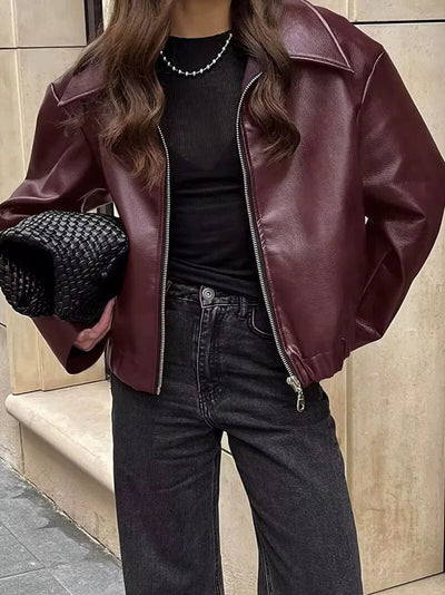 Damen Kunstlederjacke im Oversize-Look – Modische Übergangsjacke mit Reißverschluss