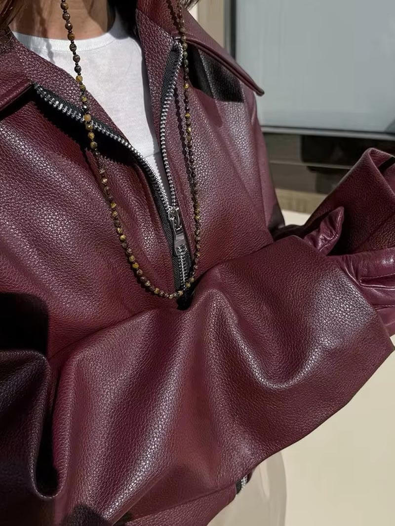 Damen Kunstlederjacke im Oversize-Look – Modische Übergangsjacke mit Reißverschluss