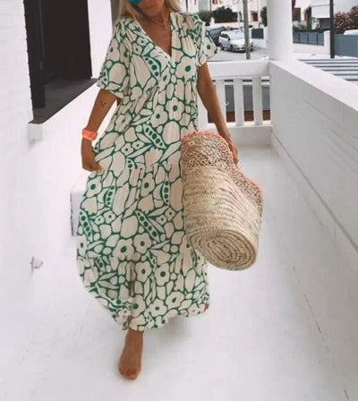 Therynna – Boho-Maxikleid mit Blumenmuster und V-Ausschnitt