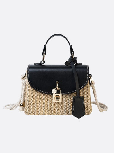 Livia | Kleine Damen-Strohtasche mit schwarzer Kunstleder-Klappe, Henkel & abnehmbarem Schultergurt – Crossbody- & Handtasche für Sommer