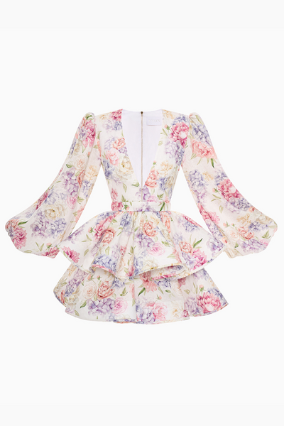 Kurzes Blumenkleid mit Puffärmeln und tiefem V-Ausschnitt für Damen