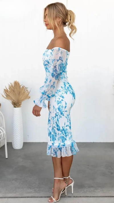 Romantisches Off-Shoulder Bodycon Kleid mit Blumenprint – Figurbetontes Midikleid in Rosa für Sommer & Events