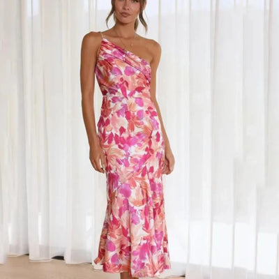 Selvita – One-Shoulder-Midikleid aus floralem Satin
