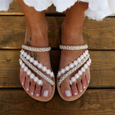 Damen Sandalen – Boho Stil – Mit Perlen & Spitze – Sommerdesign