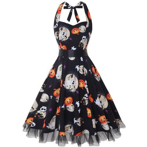 Damen Halloween-Kleid mit Print & Neckholder | Ausgestellt & Midi-Länge